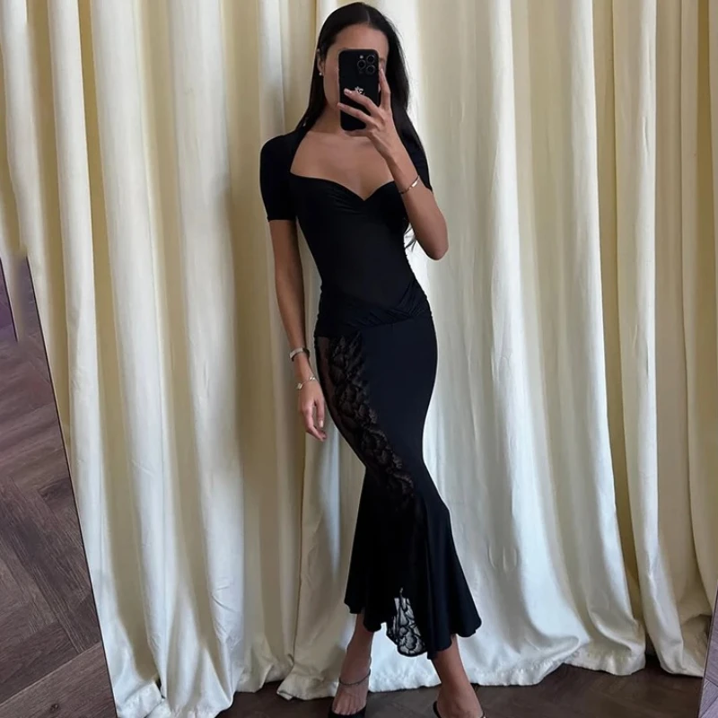 

TARUXY Slim Lace Dress Women's suit V-Neck Perspective Splice Pleated Sexy Skirts 2 Piece Female Elegant Party Evening Dress Set