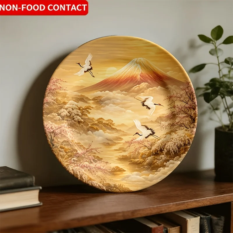 A 20Cm/7.9In Non-Food Contact Decorative Plate Featuring an Elegant Design of Mount Fuji with Cherry Blossoms And Cranes,
