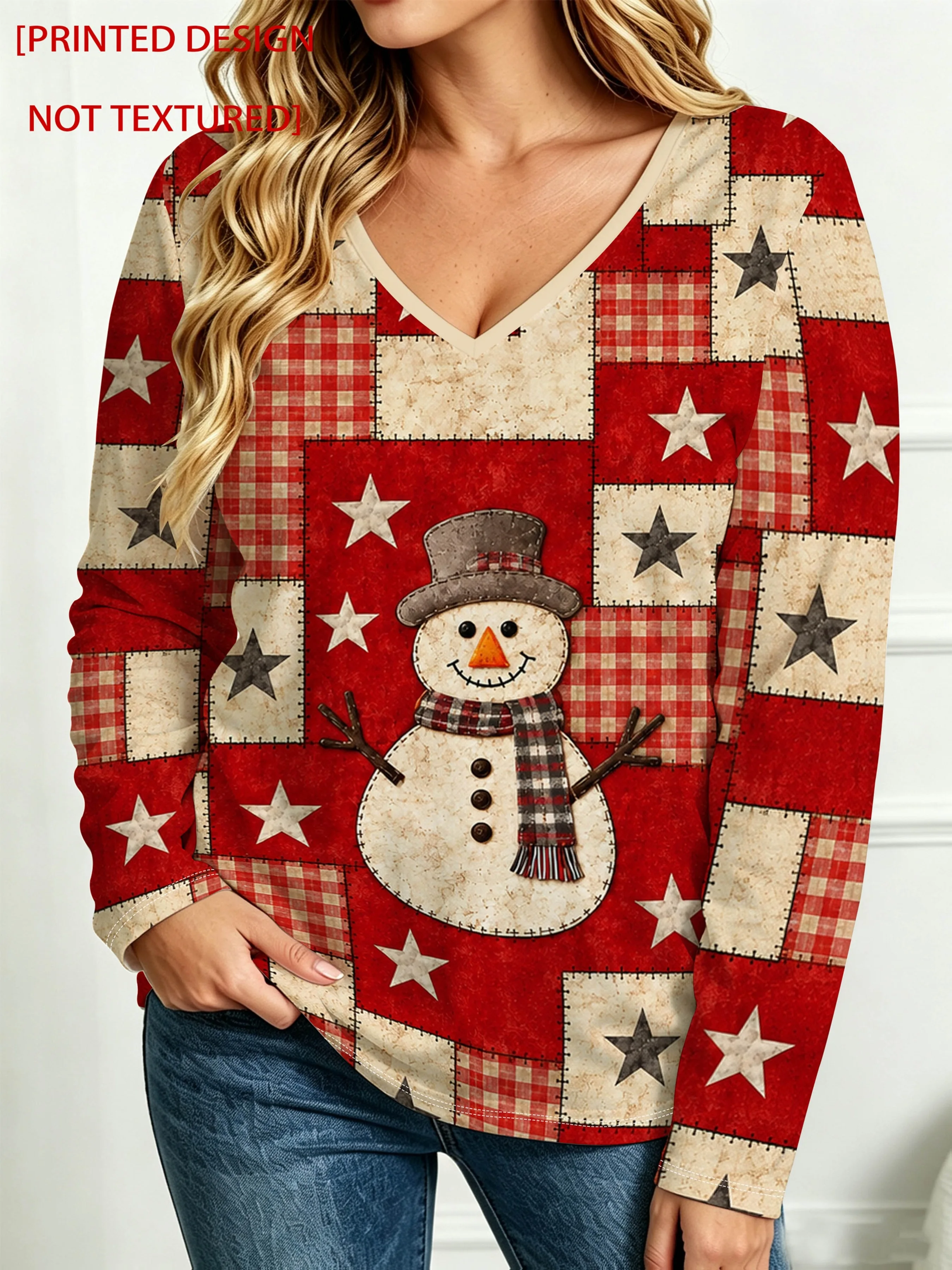 2026 Christmas Women Long Sleeve T Shirt Snowman Plaid Star Patchwork Print V Neck Winter Casual Top Women's Clothes