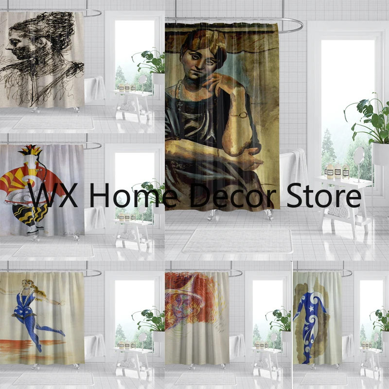 Abstract Figure Hand Drawn Oil Painting Nordic Style Female Niche Art Shower Curtain Waterproof and Mildew Proof