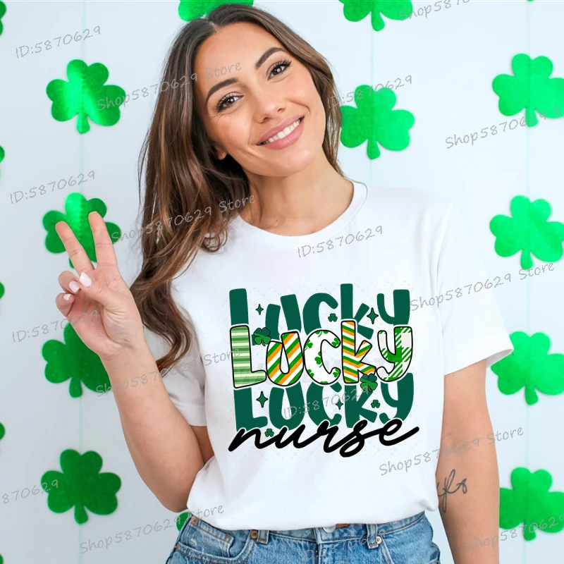 Lucky Nurse Print T-shirt Casual St Patrick's Day Women Crew Neck Tops Creative Festival Gift Tee Green Clover Female Streetwear