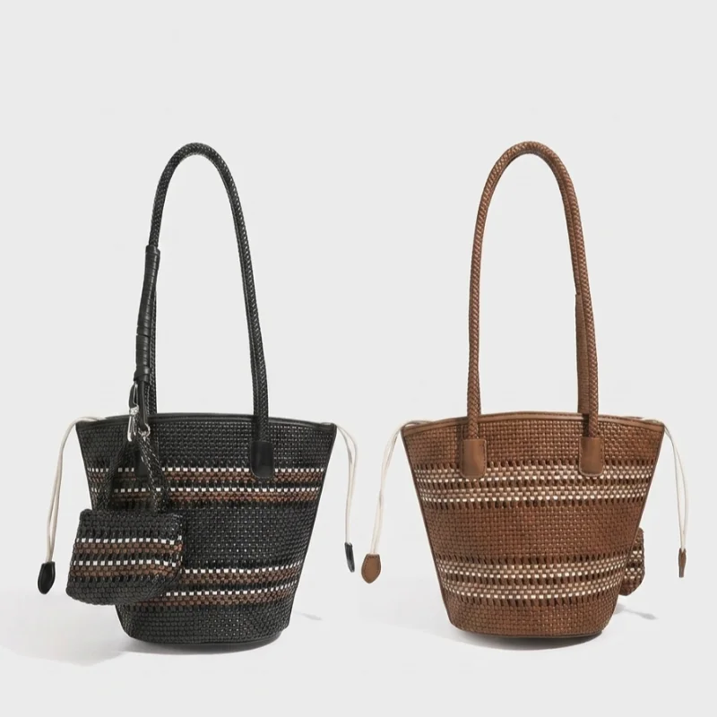 French Luxury Woven Shoulder Bag,stylish Openwork Color-block Beach Bucket Bag,with Inner Pocket,summer New Women's Shoulder Bag