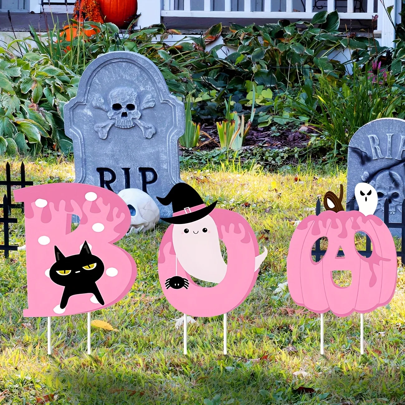 زينة الهالوين في الهواء الطلق علامات ساحة الهالوين الوردي سعيد BOO يوم علامات ساحة الهالوين مع حصص اليقطين الوردي La