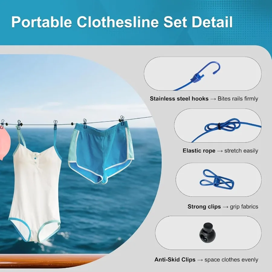 عبوتان من حبل الغسيل المحمول للتخييم للسفر مع 12 مشبكًا، مجموعة حبل غسيل قابلة للسحب مقاومة للرياح باللون الأزرق للتخييم في رحلة المنزل #5