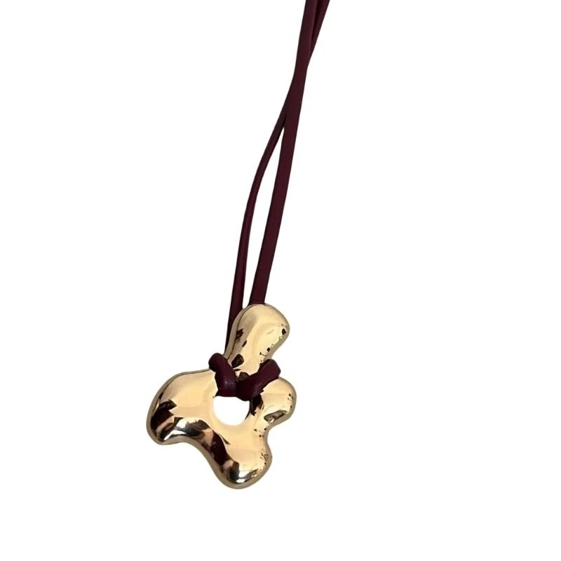 Elegant Handmade Abstract Hollow Pendant Choker Long PU Leather Necklace Adjustable Length Neckchain for Women Girls Q6RB