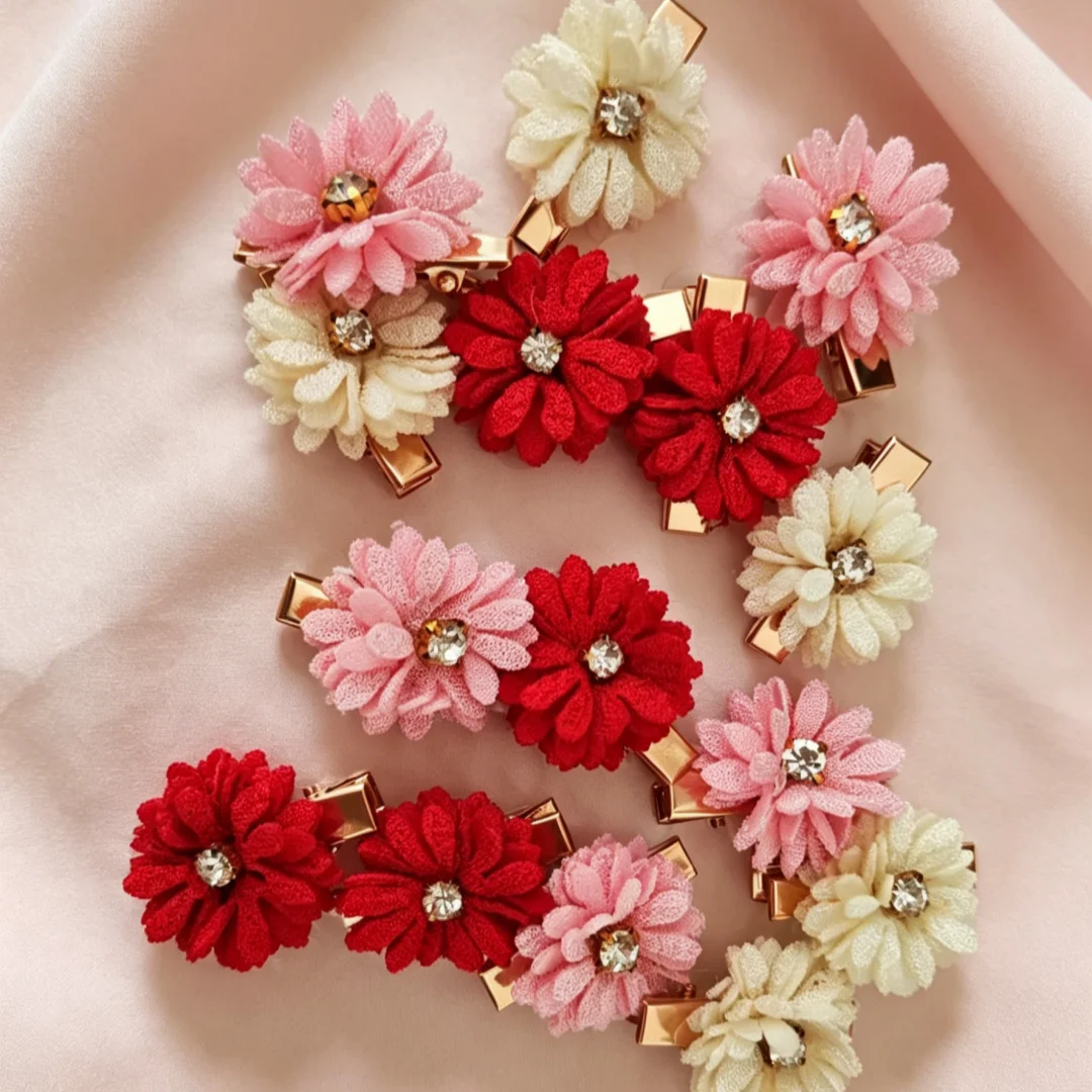 

5-Piece Set/Ladies' Beige, Pink, and Red Fabric Daisy Hair Clips, Suitable for Party Styling Hair Accessories