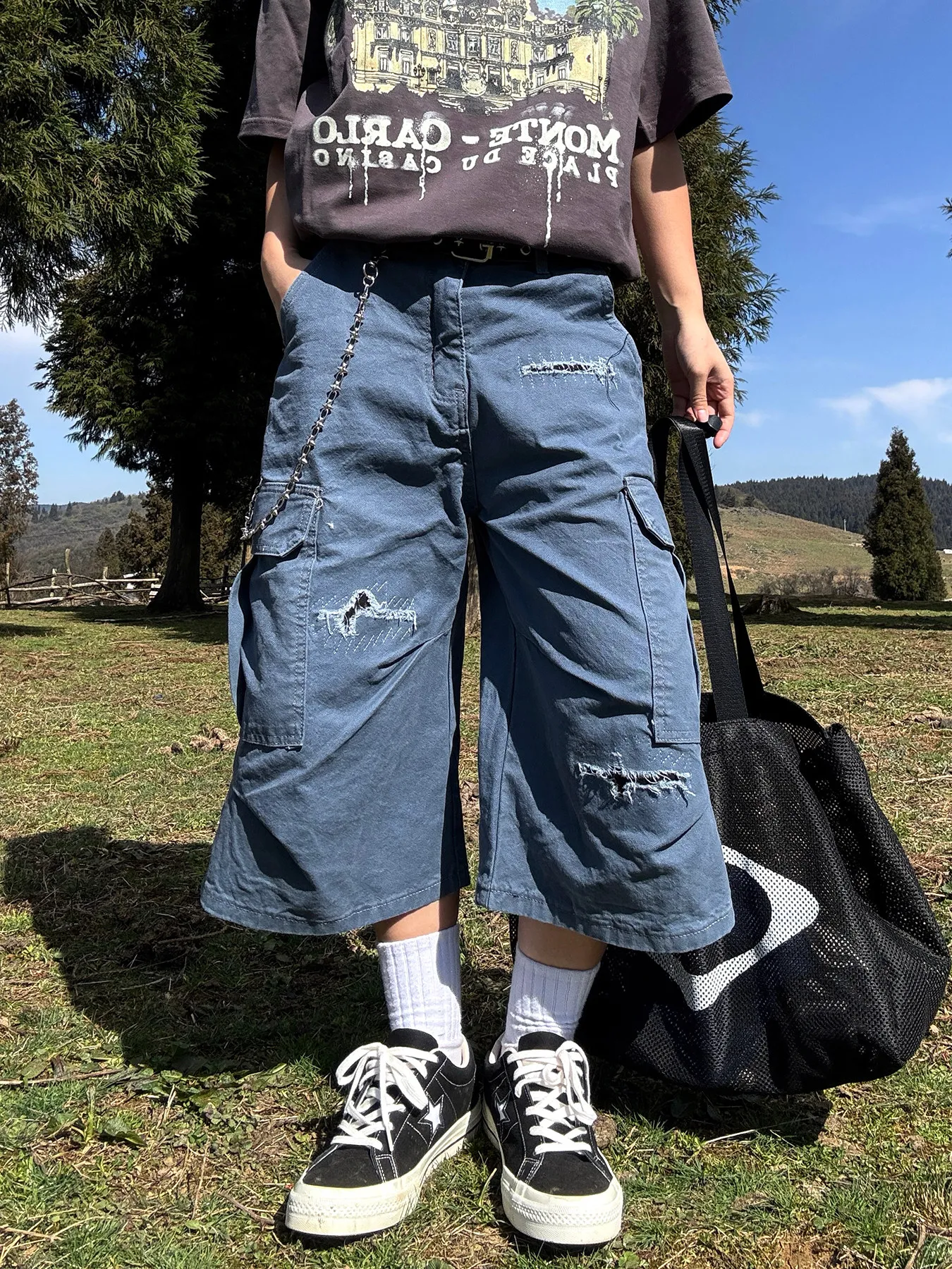 Retro Blue Summer Casual Wide Leg Pants Men Women Loose Fit 7/8 Length Workwear Shorts Tear Stitch Design Comfortable Cotton