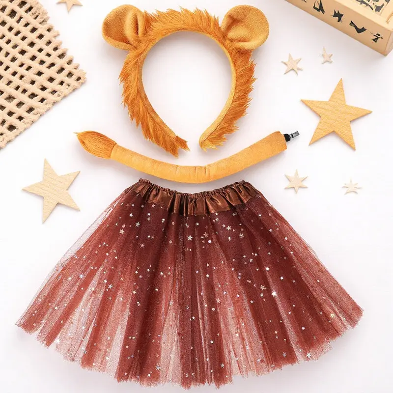 

1Set Lion Role Play Costume Accessories Lion Ears Headband Tail Tutu Skirt Set Halloween Party Cosplay Animal Outfit for Kids