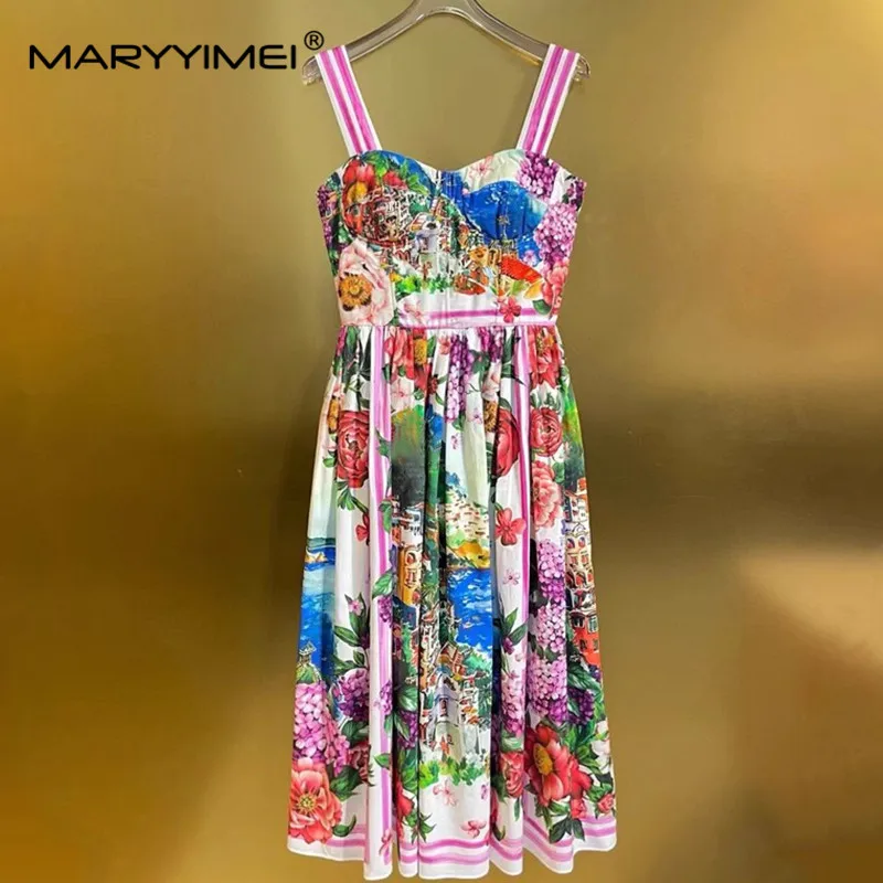 MARYYIMEI Summer Women\'s Dress Spaghetti Strap Backless Square-Neck Beach Vacation New Fashion Big Swing Cotton Dresses