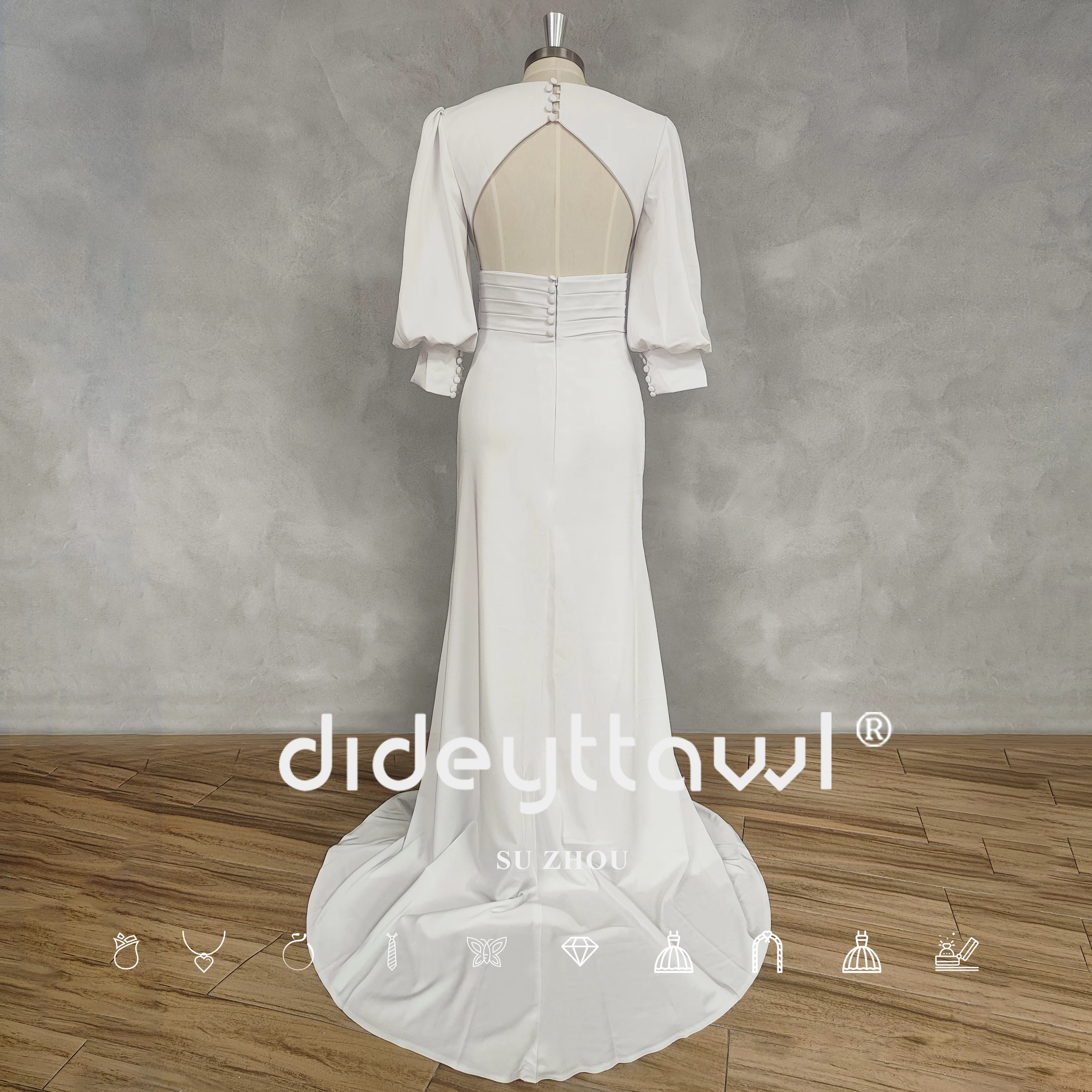 DIDEYTTAWL Real Picture Deep V-Neck Sheath Puff Sleeves Crepe Wedding Dress Open Back Button Sweep Train Bridal Gown