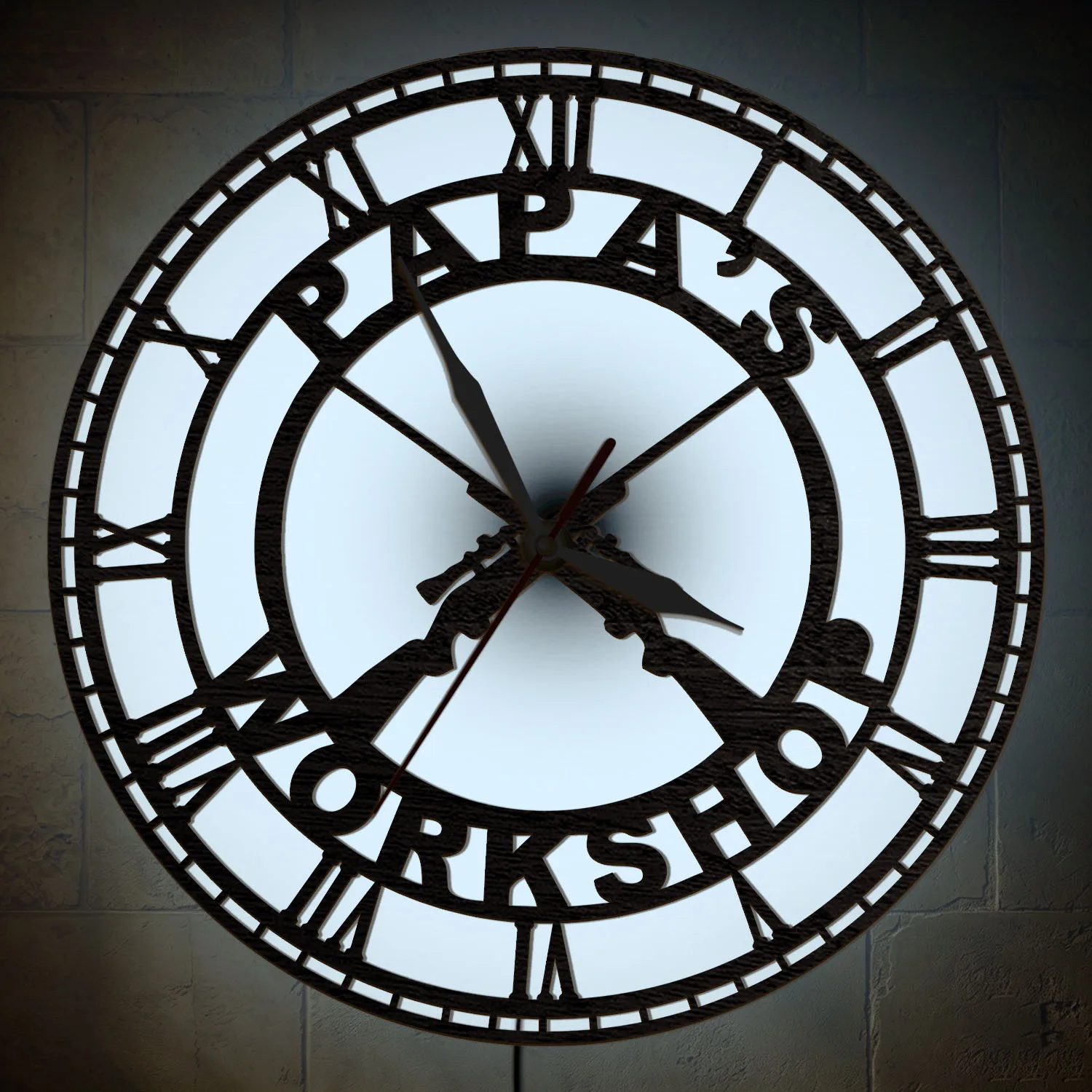 Personalized Workshop Name Wood Wall Clock with RGB LED Backlight Remote Control Color Changing Night Light Custom Papa's Clock