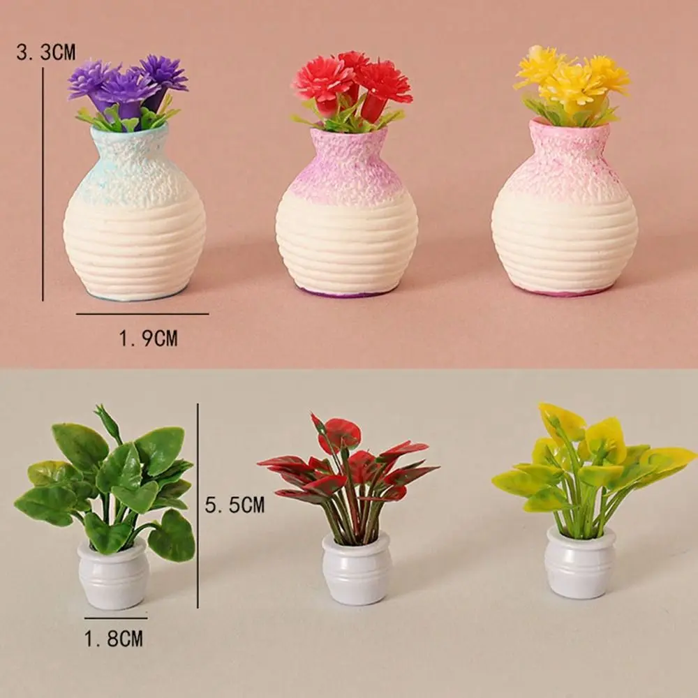 ドールハウス用ミニプラスチック花瓶,ミニチュアアクセサリー,緑のルオ植物,完成した花,屋外,ドールハウスモデル,1:12
