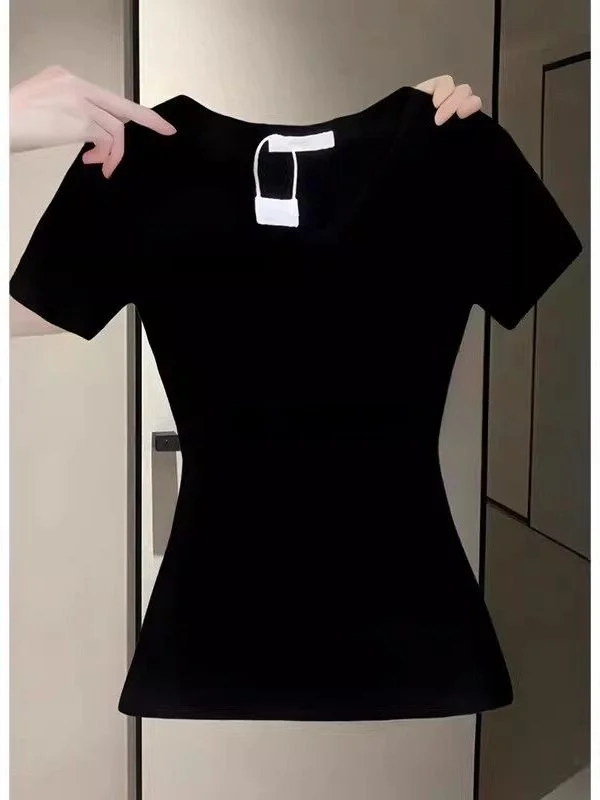 Summer Fashion Set Women's Black Short Sleeve T-Shirt Irregular Halter Neck Long Skirt Pear Shape Body Type Matching Korean S...