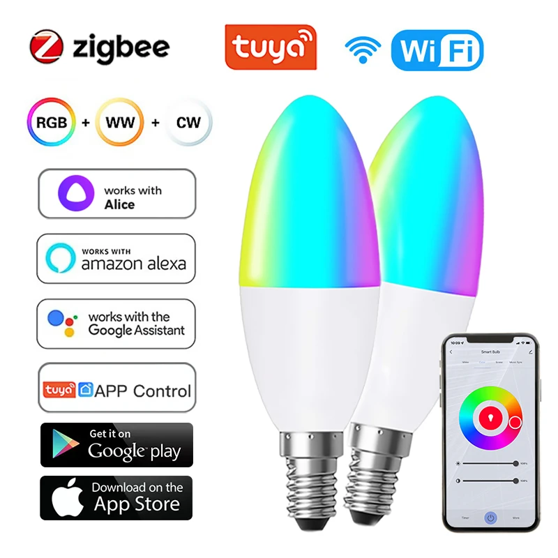 

TUYA Smart Zigbee WiFi E14 Candelabra LED Lamp RGBCW 100-240V Dimmable Light Bulb, Smart Home Alexa Google Home Yandex Alice