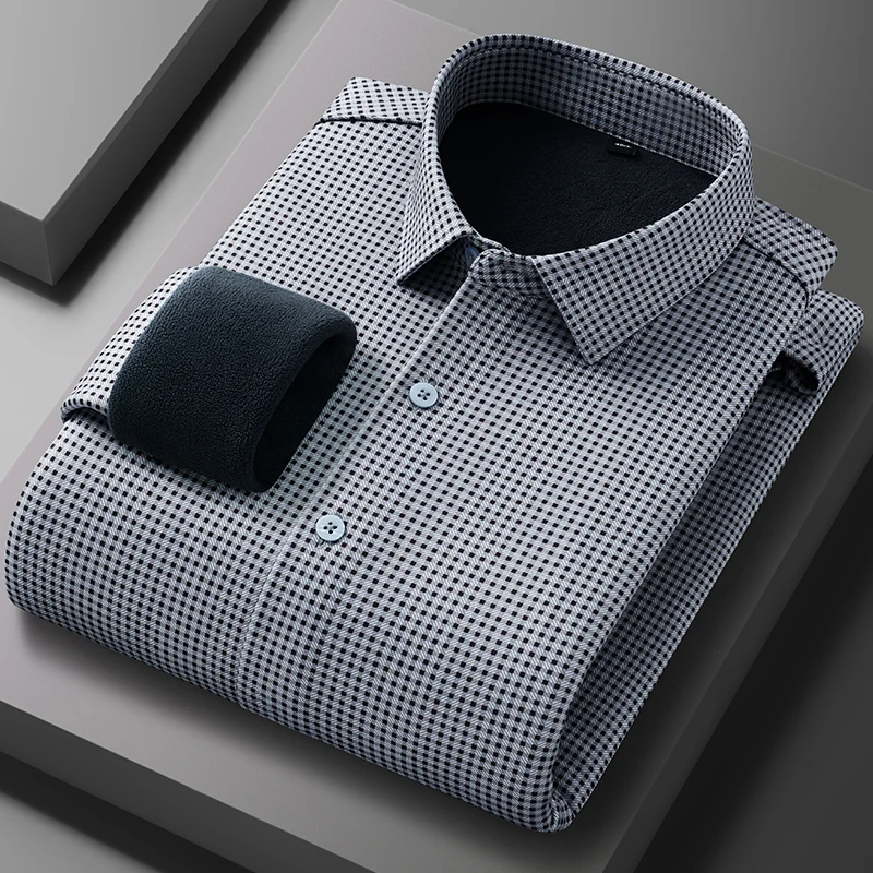 New in shirt winter warm long sleeve shirts for men slim fit formal casual shirt soft plaid Thickened elegant designer clothes
