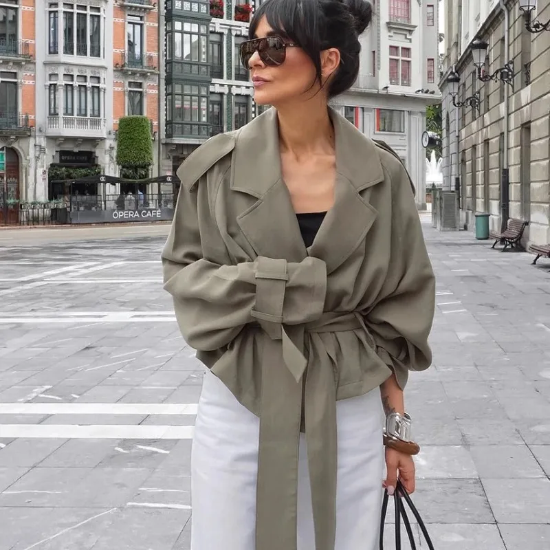 Outcoat nuevo gabardina de otoño con cordones aspecto de gama alta con elegante y versátil chaqueta con personalidad de abrigo europeo americano