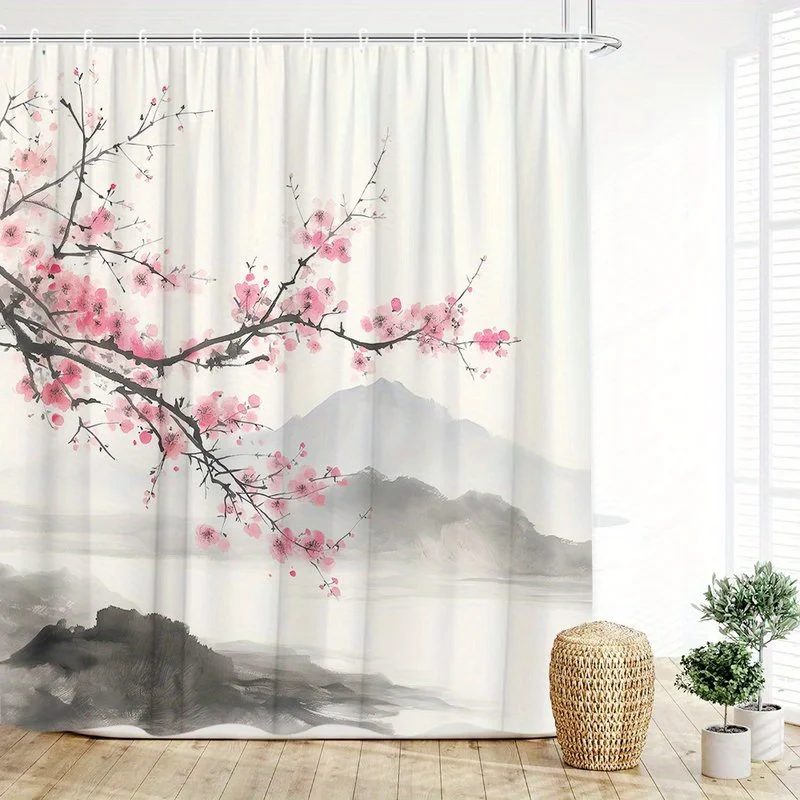 

Розовая занавеска для душа в стиле росписи чернил сливы, изготовленная из полиэфирной ткани, можно стирать в машине, подходит для украшения ванной комнаты