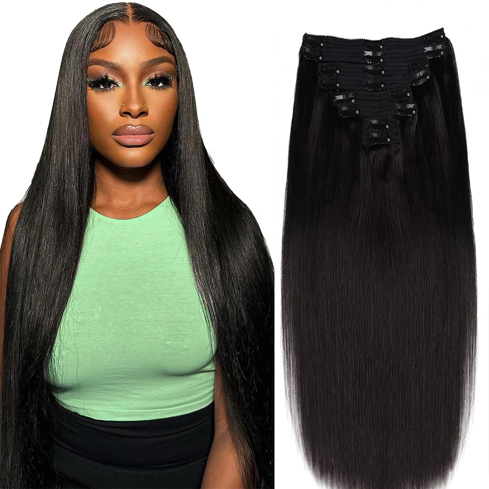 Extensões reais do cabelo humano, grampo nas extensões, cabelo macio reto, cor 1B, 120G, cabelo humano de 100%, 8 PCes, 8 PCes