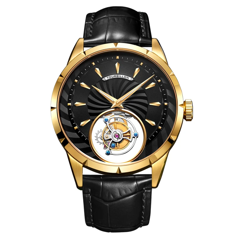 AESOP7019 Men's Mechanical Watch Manual Tourbillon Hollow Movement Spiral Pattern Stainless Steel Sapphire Crystal Leather