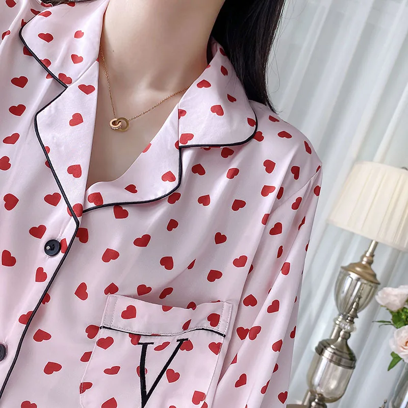 2024 Pink Love Pajamas Set 2Pcs Pjs Embroider Letter Sleepwear Women Homewear Loungewear Long Sleeve Outfit Satin Nightwear