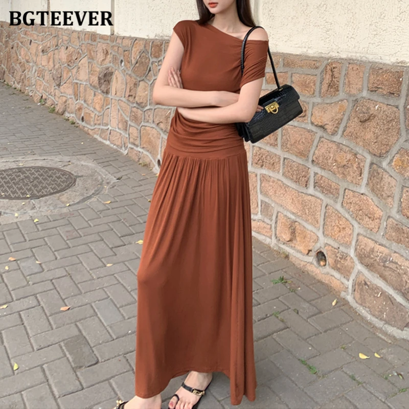 

BGTEEVER Casual Slim Women 2 Pieces Skirt Set Summer Slash Neck Pullovers Tops & High Waist A-line Long Skirts Female Outfits