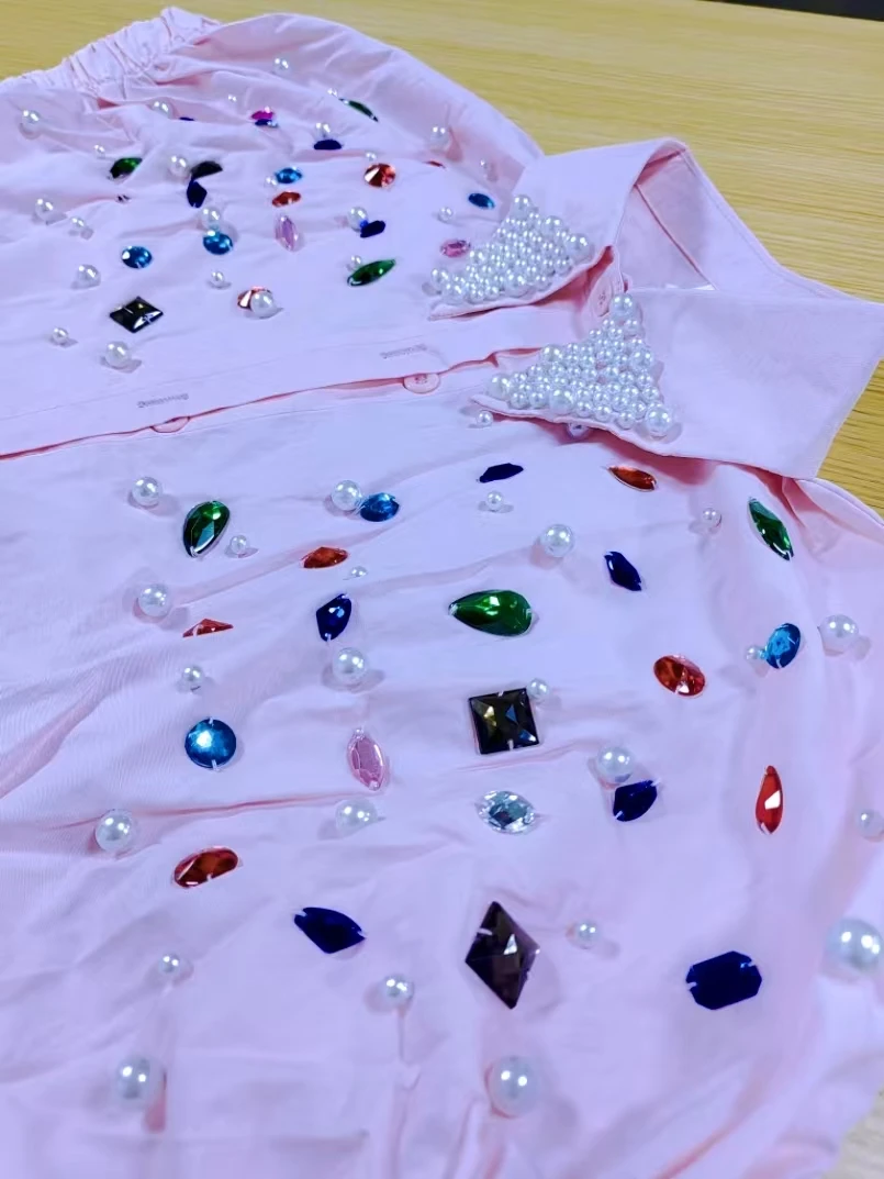 

Real Photo Pearls Beads Colorful Stones Stitch Cotton Pink Shirts Blouses For Women 2025 Summer Short Sleeve Single Breasted Top
