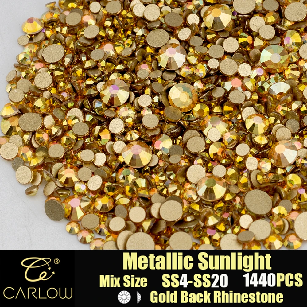 CARLOW SS4-SS20 Metallic Sunlight 1440Pcs Non Hot Fix Rhinestones Gold Flatback Glass Stones 3D DIY Nail Art Accessories JD-125