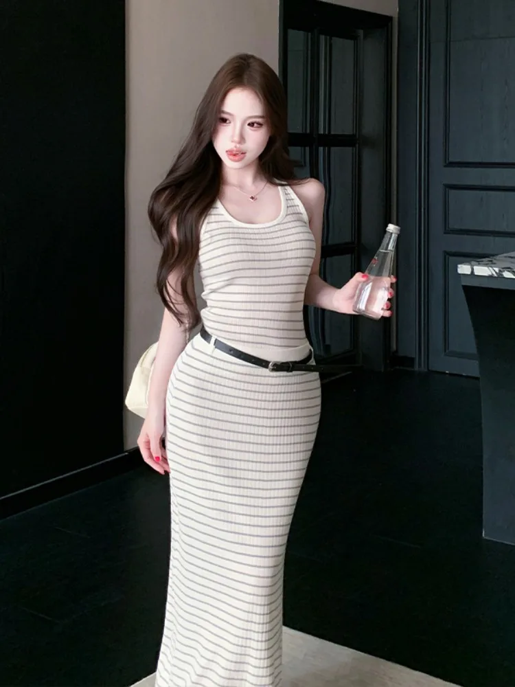 

Summer Casual Stripe Knitted Vest High Waist Skirt Two Piece Set Women's Fashion Slimming Trendy Outfit Breathable Comfo...