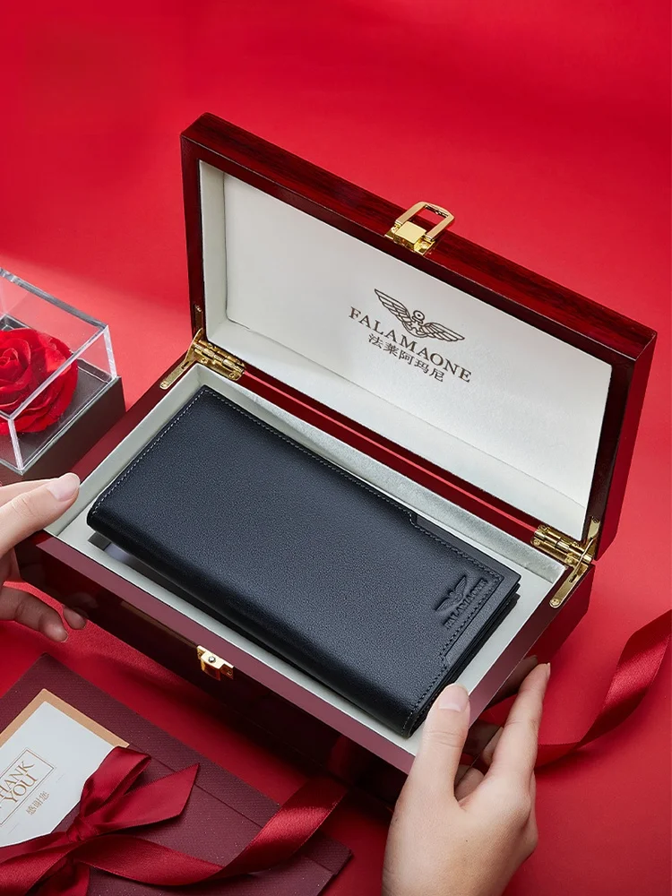 

F Men's Long Wallet Leather Bifold Luxury Brand Husband Boyfriend Money Holder Pure Color Horizontal Pattern