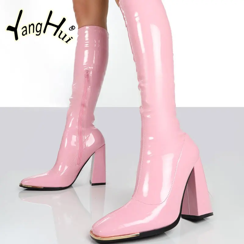 2023 Buty damskie Kwadratowy obcas Knee-High Chelsea Boots Winter New Chunky PU Leather Goth Snow Boots High Heels Shoes Pumps Mujer