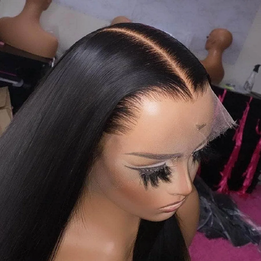 Perruque Lace Front Wig lisse noire soyeuse, 26 pouces, densité 180, cheveux de bébé, sans colle, délié 03/naturel, pre-plucked, pour femmes noires