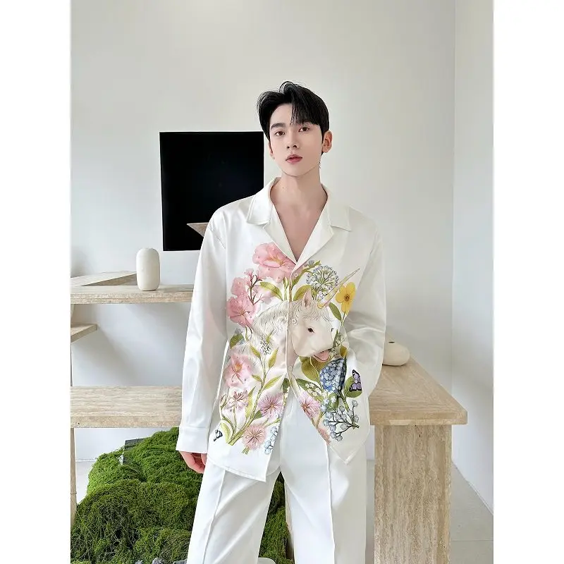 

Spring Summer Faion Print Pearl Embedded Diamond Long Sve irt Design Sense Satin Net Red Haome irt Trendy