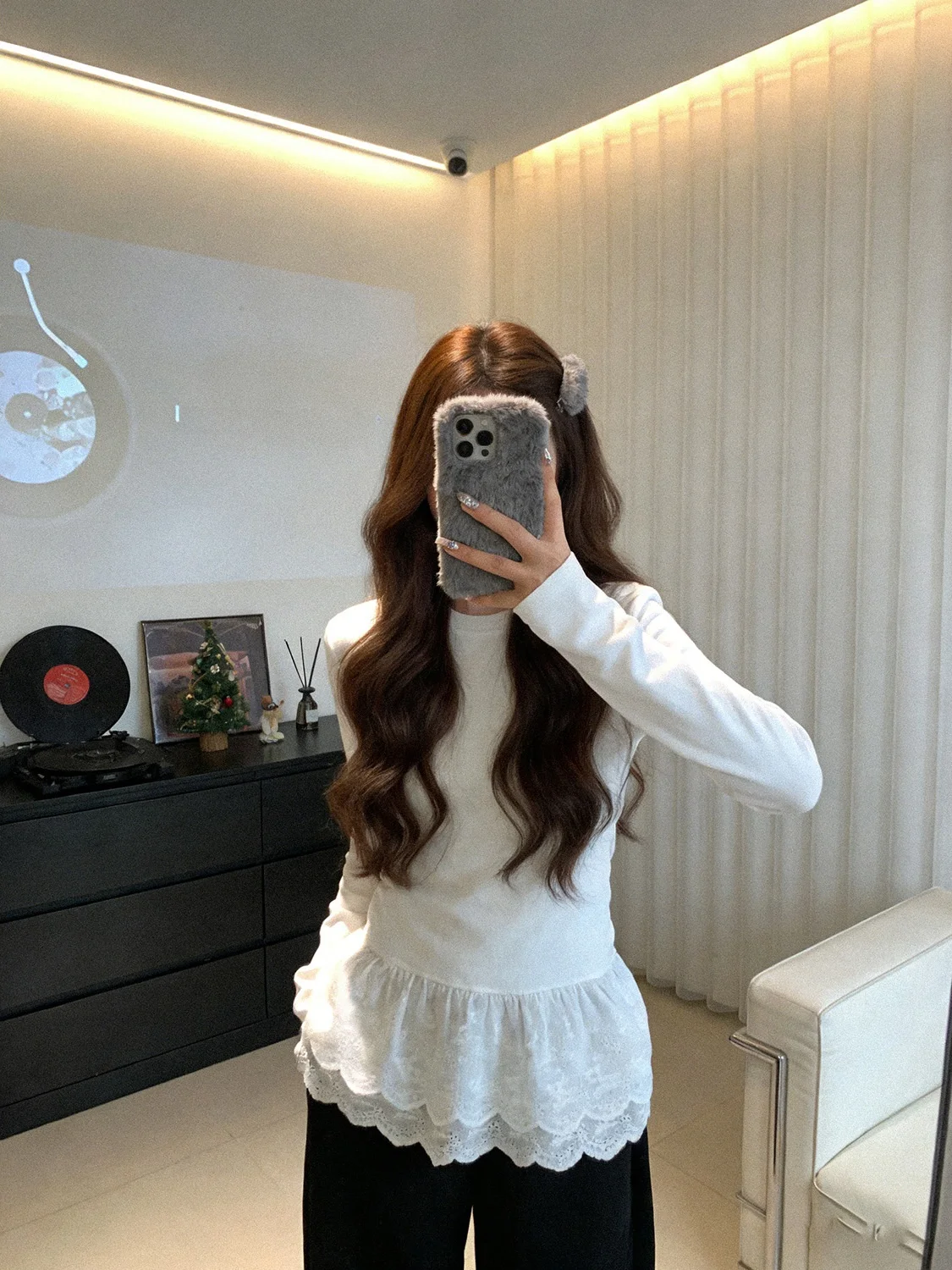 

Korean Sle Lace Trim Splice Knitted Base irt Women's Early Spring New All-Match White Long Sve Inner Wear Top