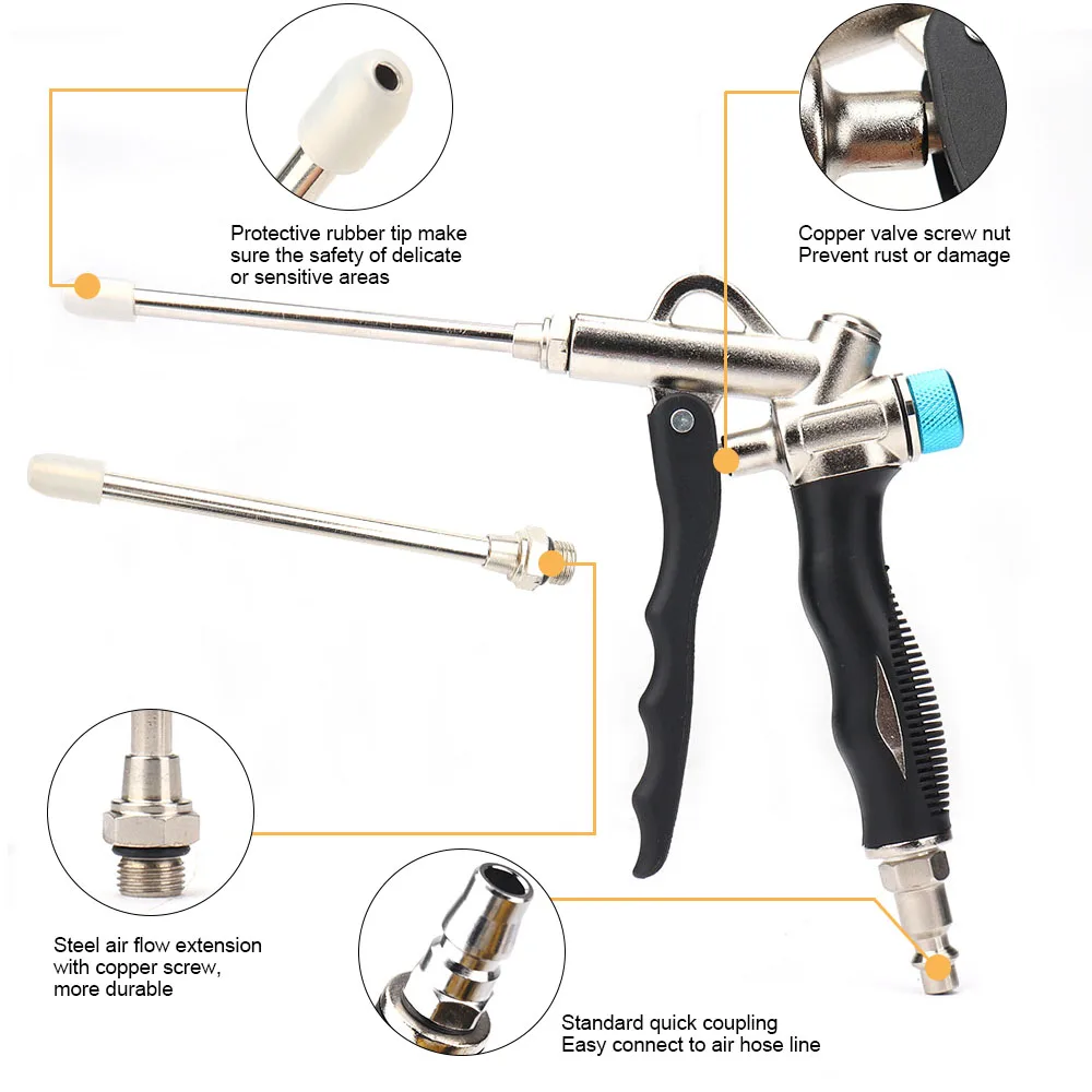 Handheld Air Dust Gun 2-Way Air Blow Gun Pneumatic Tool Dirt Cleaner Air Compressor with Adjustable Extended Nozzle&Connector