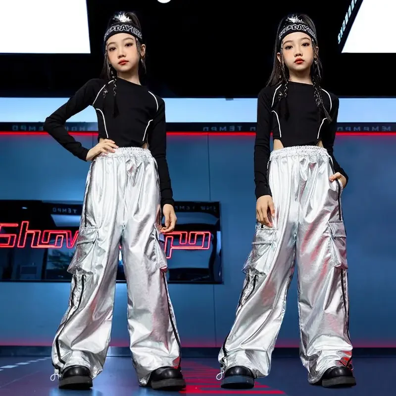Girls Jazz Dance Hip Hop Outfit Child Model Catwalk Stage Dance Show Costume Black Navel Top White Trousers