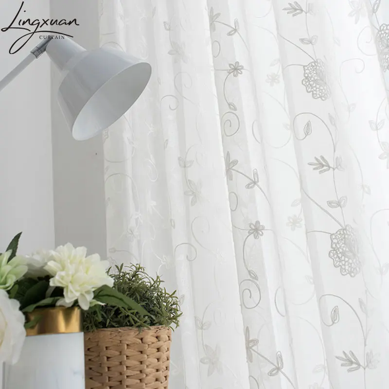 White Floral Sheer Curtain For Living Room Korean Embroidered Linen Tulle Window Curtains For Bedroom Kitchen Voile Blinds Door