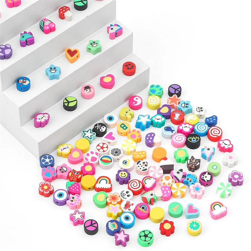 100Pcs Random Style Polymer Clay Beads Stars Fruit Flowers Heart Loose Spacer Beads for Women DIY Jewelry Making view 2
