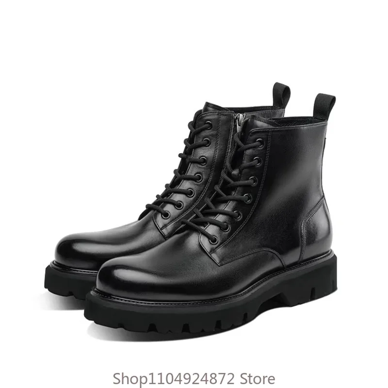 

Round-toe Chunky-heeled Ankle Boots Men High-top Leather Shoes British-style Genuine Leather Zipper Motorcycle Boots