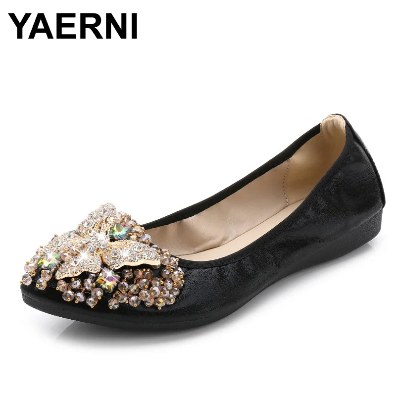 YAERNI Women Crystal Ballet Flats Size 34-43 2021 Spring Solid Gold Bling Cloth Pointed Toe Slip-On Flat Shoes Woman