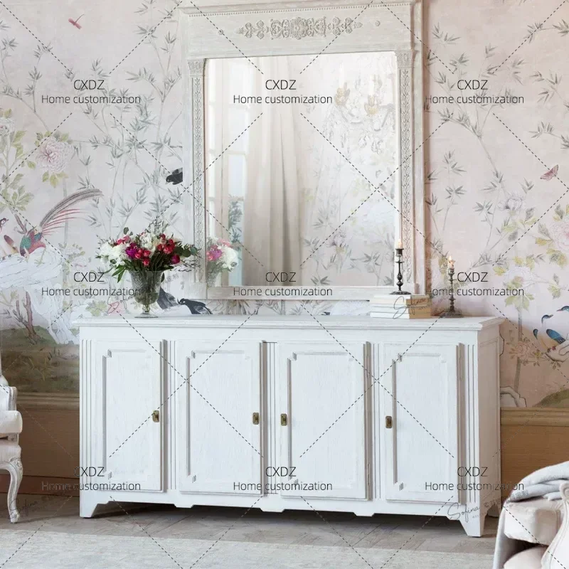 Rural White Retro Solid Wood Side Cabinet Small Apartment Living Room Storage Locker Wall Wine Cabinet
