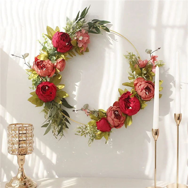 

ABSE-24 PCS 12 Inch Large Metal Floral Hoop Centerpiece For Table, Gold Wreath Ring With 24 PCS Wood Holder Stands,Hoop Rings
