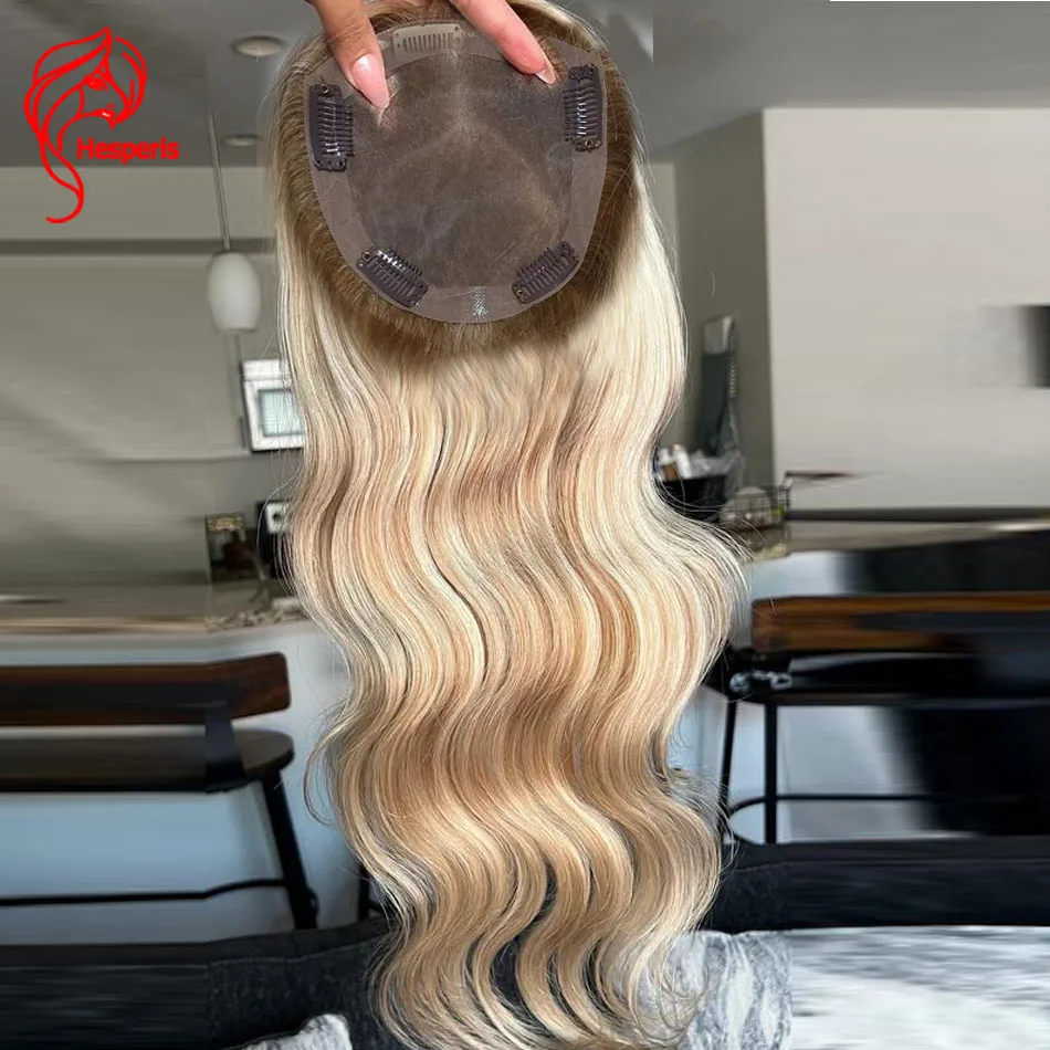 Hesperis Luxury Highlight 5x6" Full Mono Base Rooted Blonde European Hair Topper Free Part Human Virgin Hair Toupee For Women