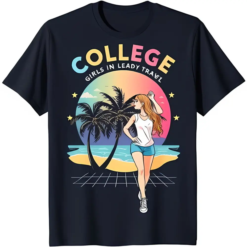 

Vibrant Black T-Shirt with Beach Scene Graphic & 'COLLEGE IN READY TRAVEL' Text