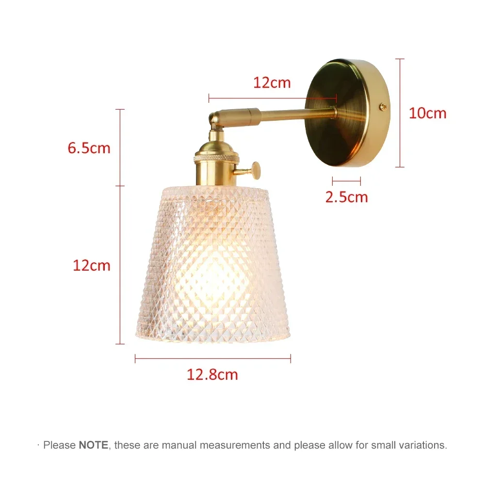 E27 LED Copper Wall Lamp Modern Glass Wall Light with Switch Suitable for Bedroom Room Decor (90-260V)