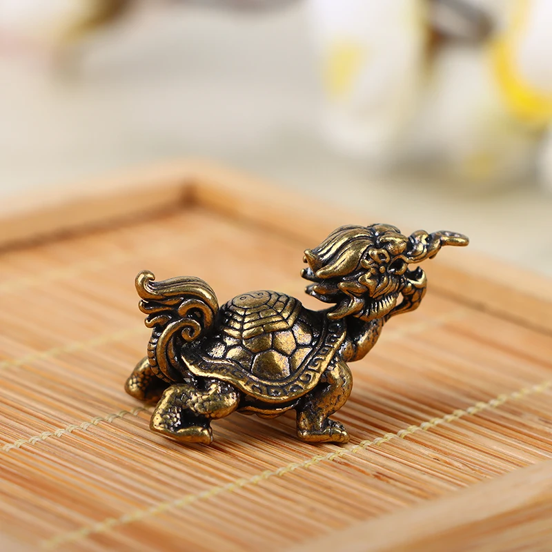 1Pc Retro Brass Mythical Beast Dragon Head Turtle Body Figurines Miniatures Lucky Animal Statue Desktop Ornament Decors