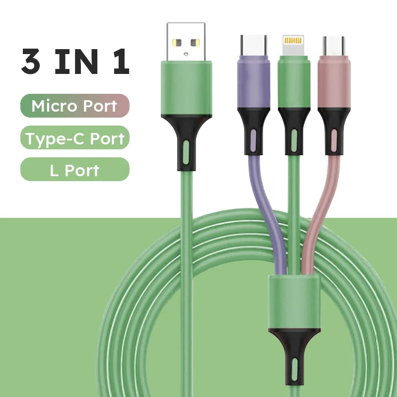 3 In 1  Silica gel USB Cable  Fast Charging Data Cord For Iphone Samsung Huawei Xiaomi Multi Port Multiple Charging Wire