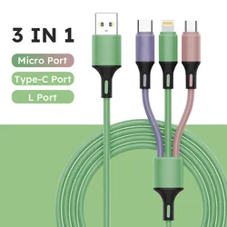 Cable USB de gel de sílice 3 en 1, Cable de datos de carga rápida para Iphone, Samsung, Huawei, Xiaomi, Cable de carga múltiple multipuerto