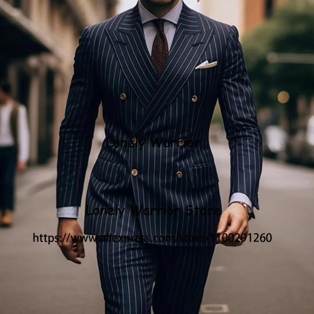 Navy Blue Stipe Suit For Men Double Breasted Business Blazer Wedding Groom Tuxedo 2 Piece Set Daily Jacket Pants Terno Masculino