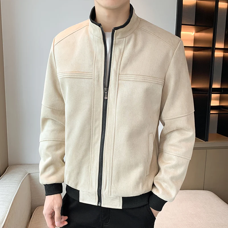 

Autumn 2025 Suede Jacket Men's Vintage Solid Color Windproof Baseball Collar Coat Male Casual All-match Motorcycle Warm Jackets