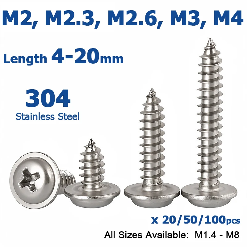 20-100Pcs M2 M2.3 M2.6 M3 M4 Cross Phillips Round Pan Head With Washer Pad Collar Self-tapping Wood Screw PWA 304Stainless Steel